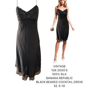 VINTAGE Y2K‎ 2000'S 100% SILK BANANA REPUBLIC BEADED BLACK COCKTAIL DRESS 8-10